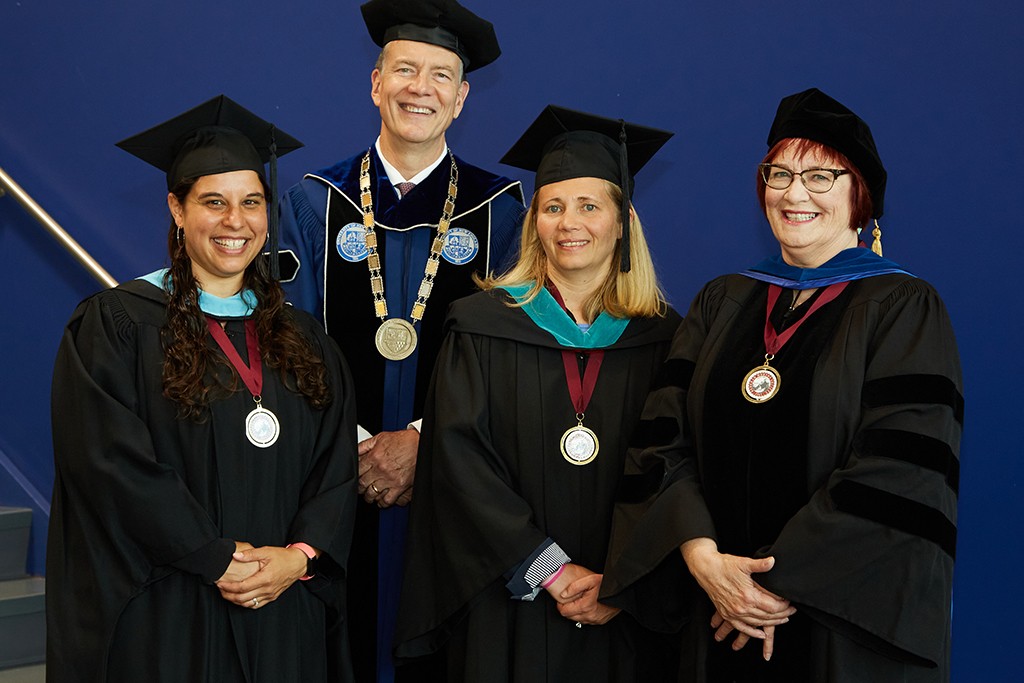 President James Herbert with the 2021 awardees. Left to right: Julia Sleeper-Whiting, President Herbert, Hannah Pingree, and Lise Pelletier