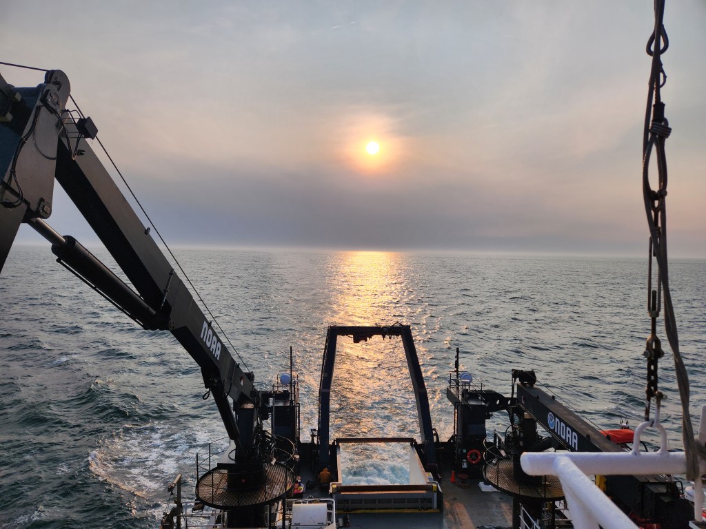 Sunset view from the stern of the NOAA research vessel Henry B. Bigelow