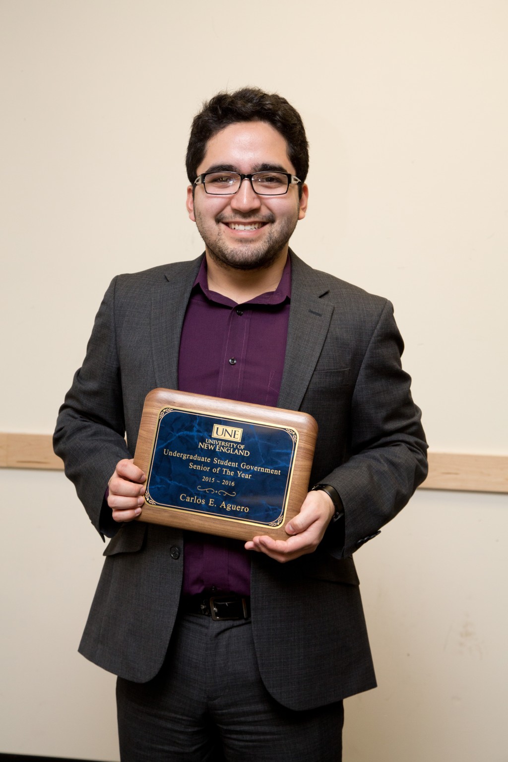 Carlos Aguero received the Undergraduate Student Government Senior of the Year Award at UNE's ULEAD Awards Ceremony, held April 