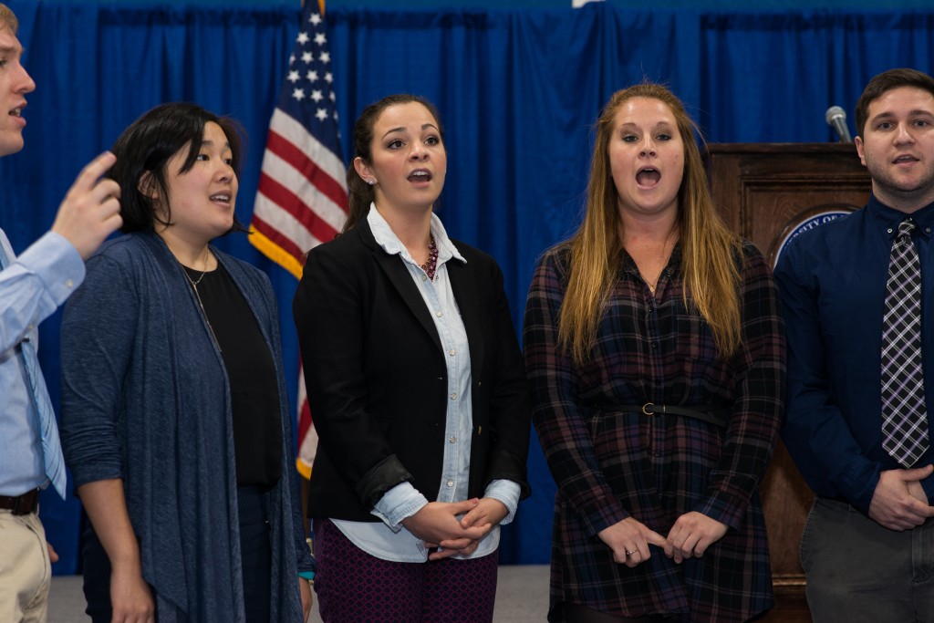Acapella group Sympathetic Tones performs at the annual UNE Veterans Day ceremony