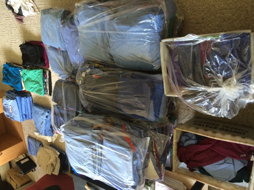 The donated scrubs packed up and ready to ship to Uganda