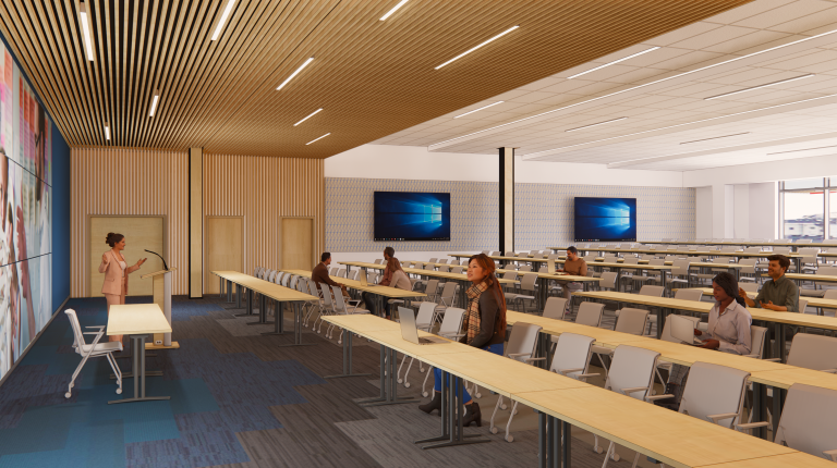 A rendering of a lecture hall in the new COM facility