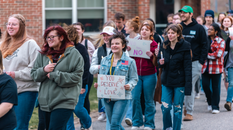 A group of students march on campus