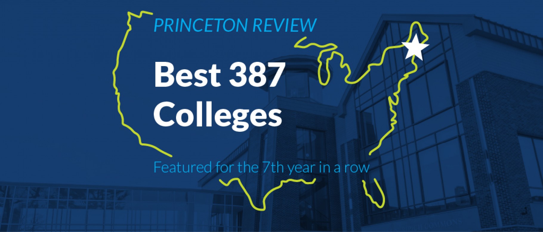 Graphic of U.S. map showing UNE's location with text stating UNE is one of 387 Best Colleges