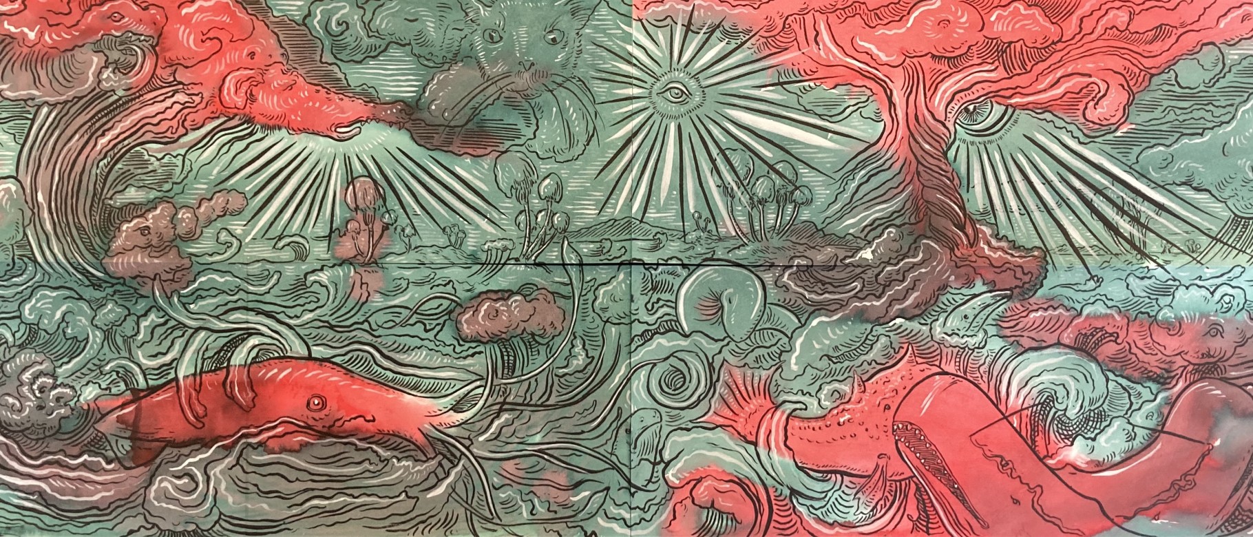 A green and red drawing of oceans and sea creatures
