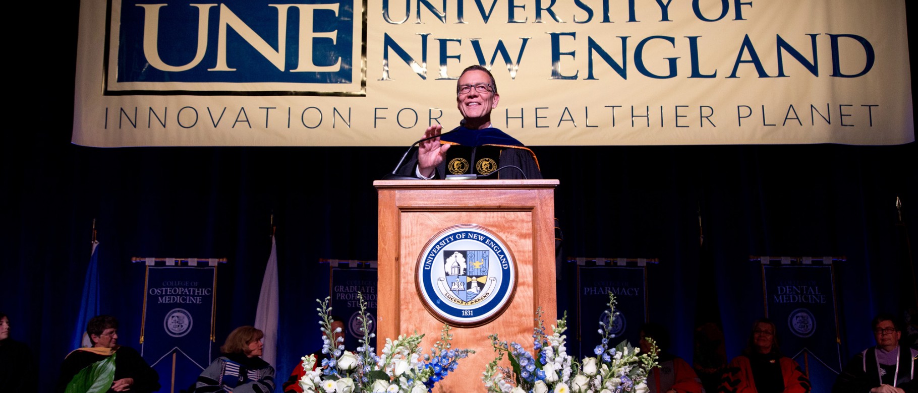 President James Herbert addresses the UNE Class of 2021 at the Convocation ceremony.