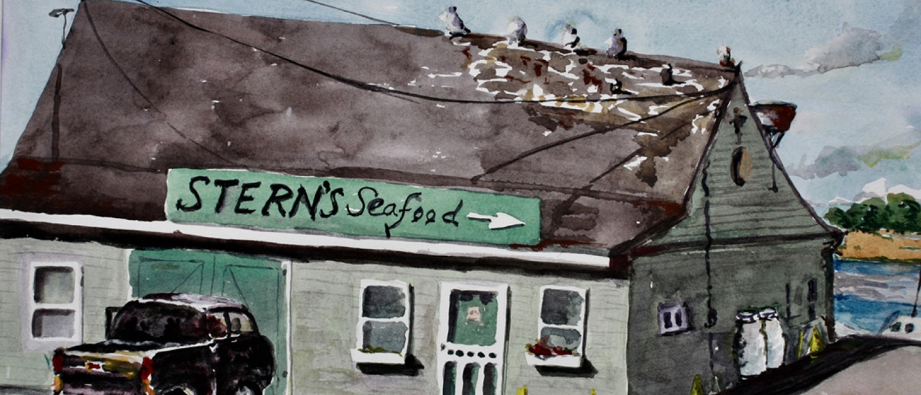 “Stern’s Seafood” (detail), watercolor, 18” x 22”, by Polly Smith