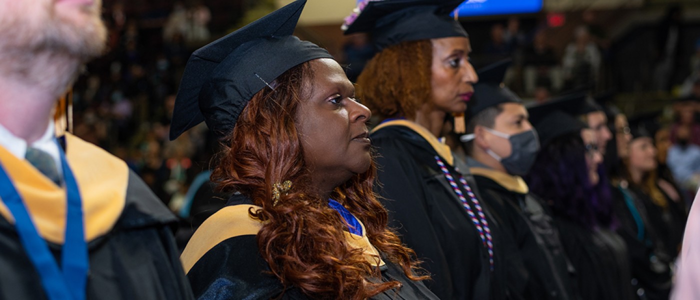 A students sis during the 2022 Commencement ceremony