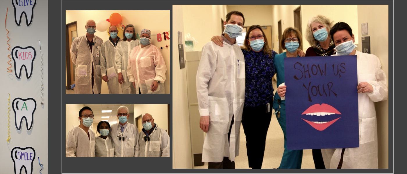 A collage of images shows dental students posing at the Give Kids a Smile event
