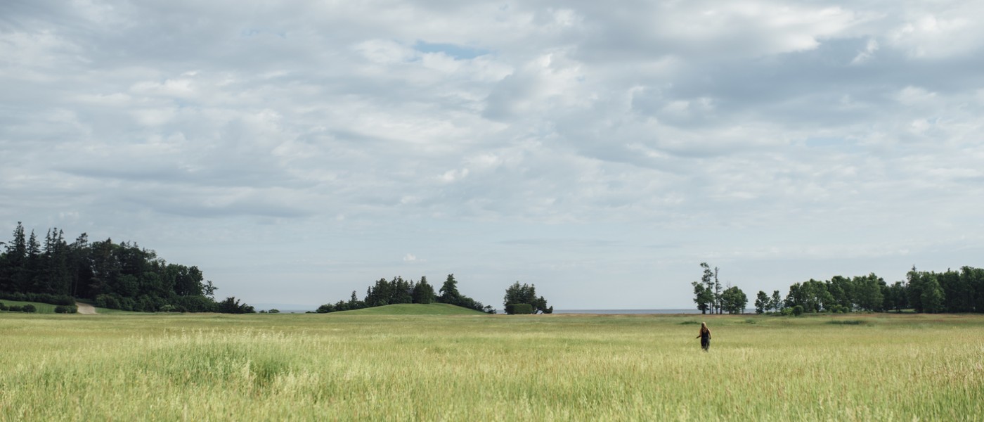 A person stands in the grasslands in Vermont