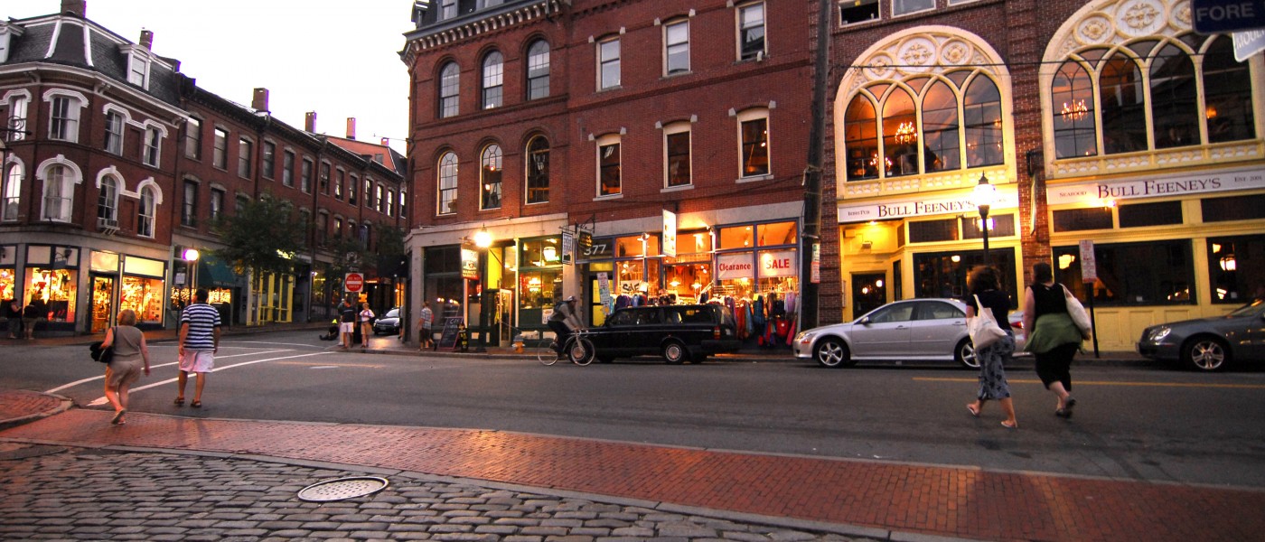Portland's historic Old Port district at dusk