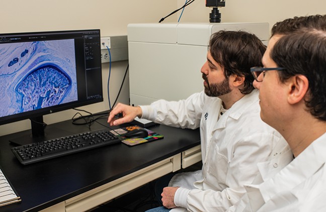 A student and professor review a histology image on a computer screen