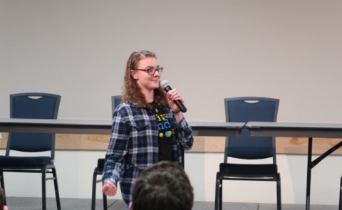 Sydney Wolf leads a discussion at an Active Minds event in 2019