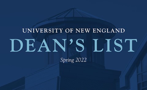 Graphic of Ripich Commons with blue overlay and words saying "University of New England Dean's List" Spring 2022