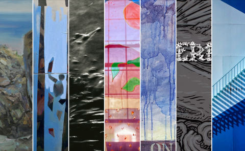 A collage of images from the upcoming exhibit, "River to the Sea," featuring art from UNE faculty