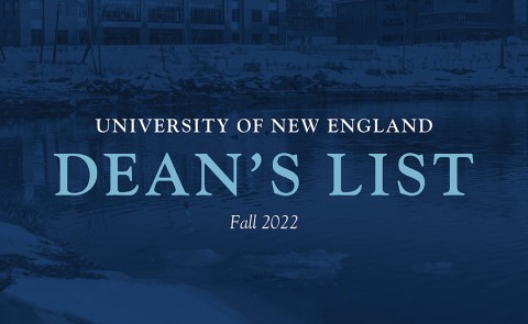 Graphic of Ripich Commons with blue overlay and words saying "University of New England Dean's List Fall 2022"