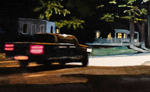 Section of a painting of a car driving down a street in the dark