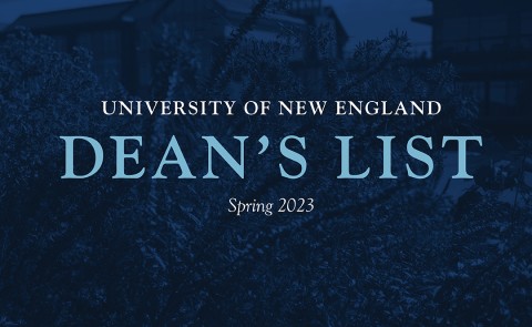 Photo of Ripich Commons with blue overlay and text saying University of New England Dean's List Spring 2023