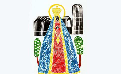 Nossa Senhora de Aparecida (Our Lady of Aparecida, Patroness of Brazil), by J. Borges, colored woodblock print, 26 x 19 inches, 