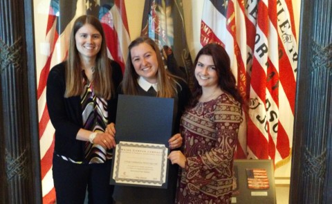 L-R: Emma Waterhouse, Samantha Mansberger and Reba Shapiro were presented with the Campus Leadership Award at a State House cere