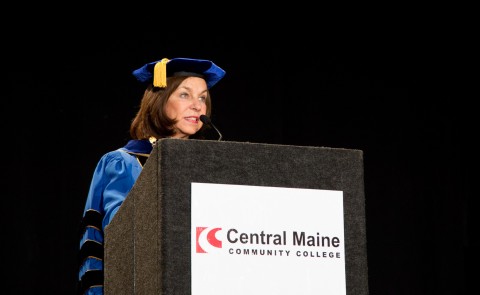 UNE President Danielle Ripich addresses the 2016 class of Central Maine Community College.