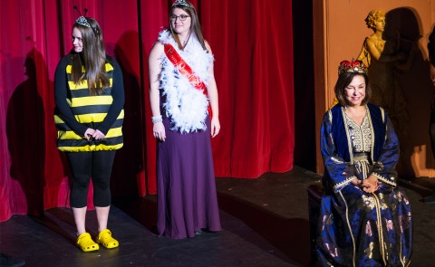 UNE President Danielle Ripich plays the "UNE Queen" in a skit in Doc Samuel's Variety Show