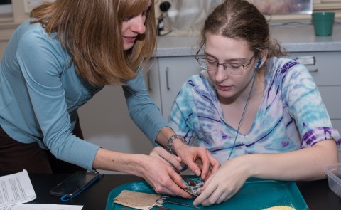 Lena Moser guides a student through the process of preparing museum specimens