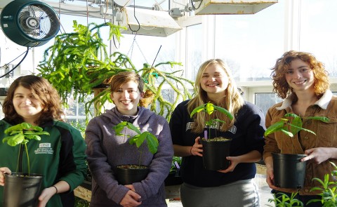 Seniors in UNE’s Department of Environmental Studies Sarah Fleishmann, Kati Hein, Christina Barton and Kat Santarpio with hybrid