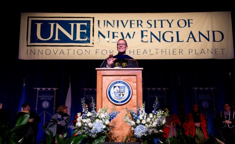 President James Herbert addresses the UNE Class of 2021 at the Convocation ceremony.