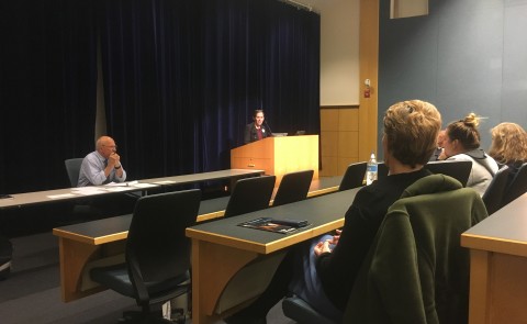 Robyn Merrill speaks at the UNE forum on Medicaid reform