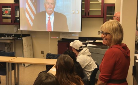 United States Senator Angus King speaks with students in the Exploring Education class via Skype