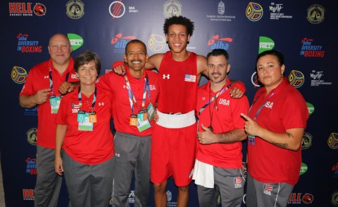 Jodie Hermann, second from left, with USA Boxing athlete and coaches in Hungary