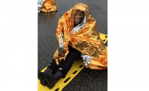 UNE Nursing student Lydia Rice '18 poses for a photo while participating in a disaster drill