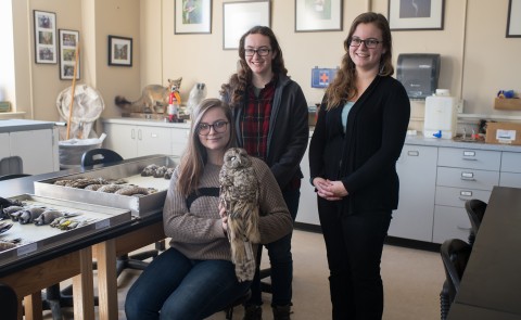 Students Teagan Bollman (holding owl) and Jillian Henrichon with Emma White (right), instructor of the Museum Specimen Preparati