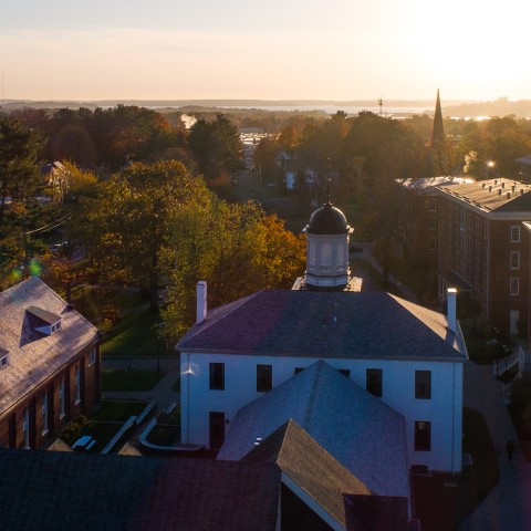 Drone image of Portland Campus and surrounding area at sunset