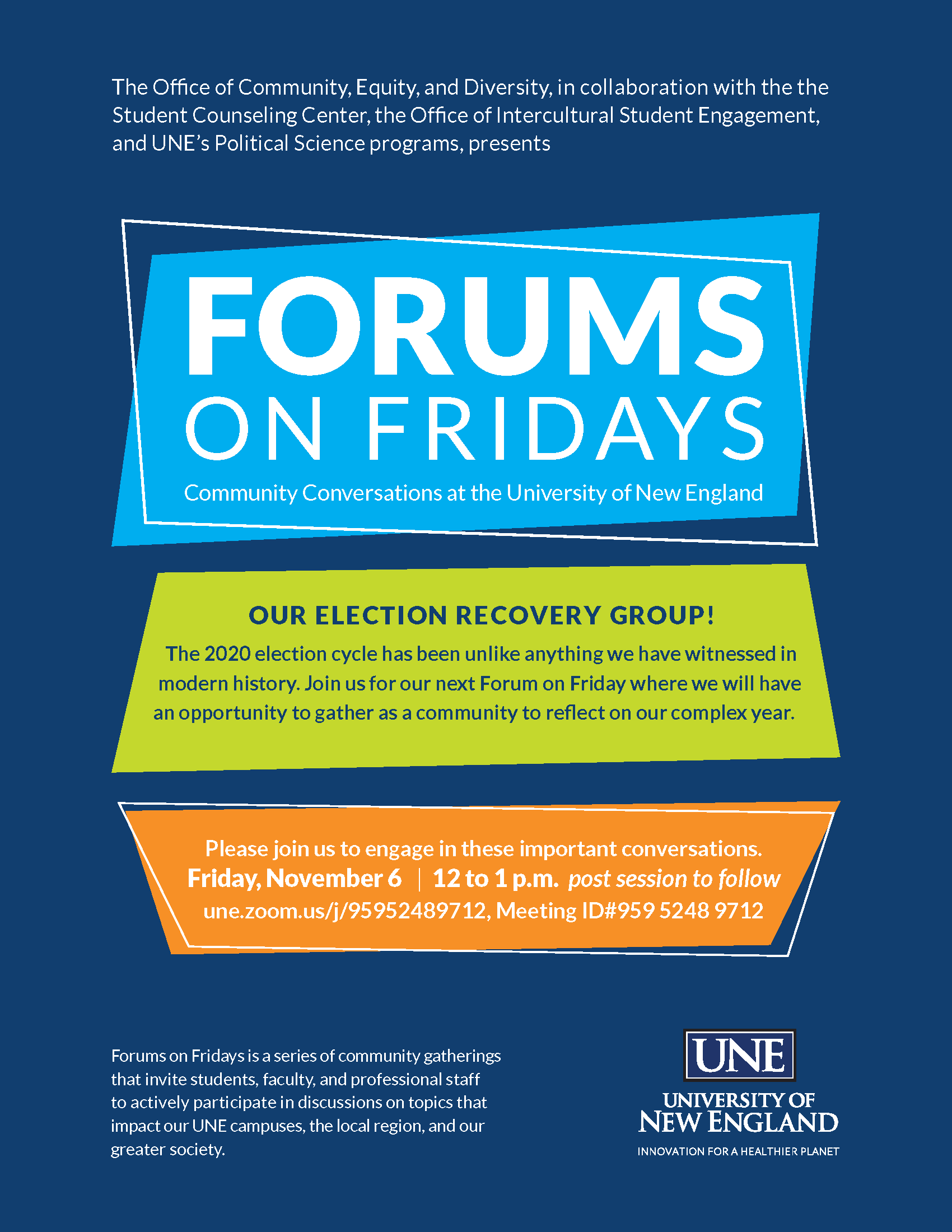 poster for forums on friday election recovery group event