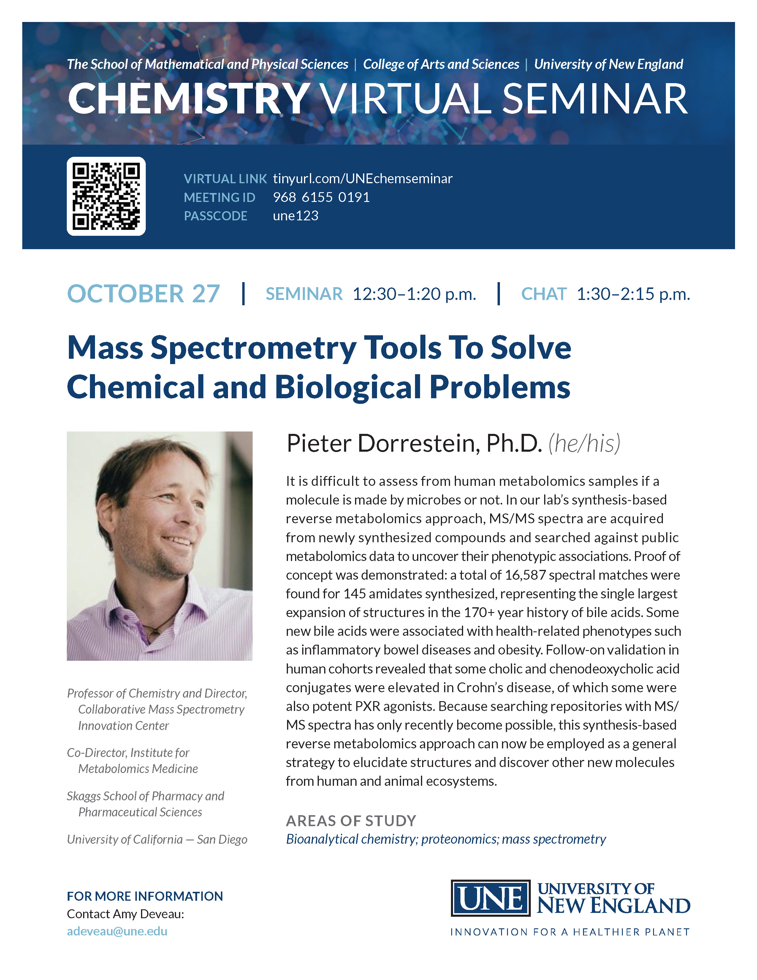 Flyer for Pieter Dorrestein, Ph.D., presents Mass Spectrometry Tools to Solve Chemical and Biological Problems event