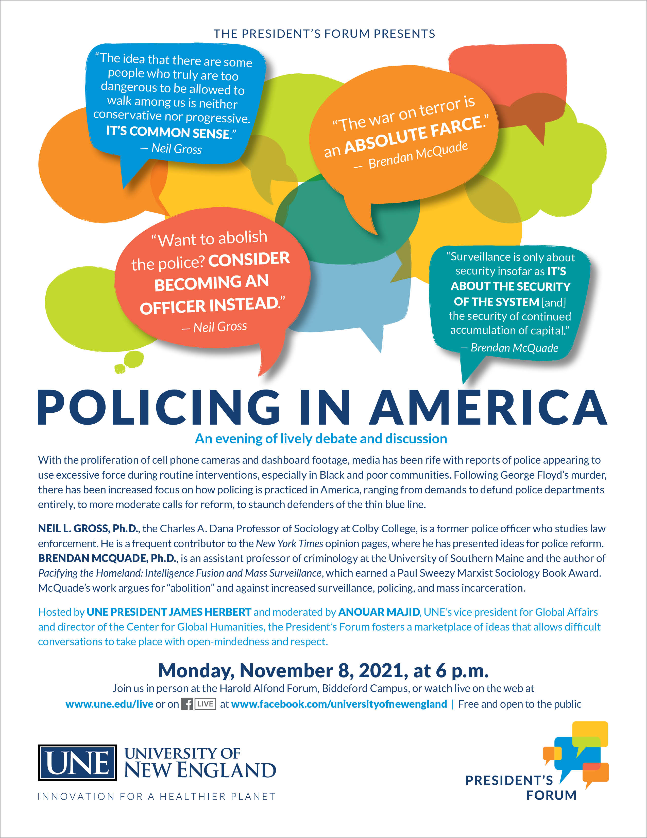 Poster for the President's Forum: Policing in America event