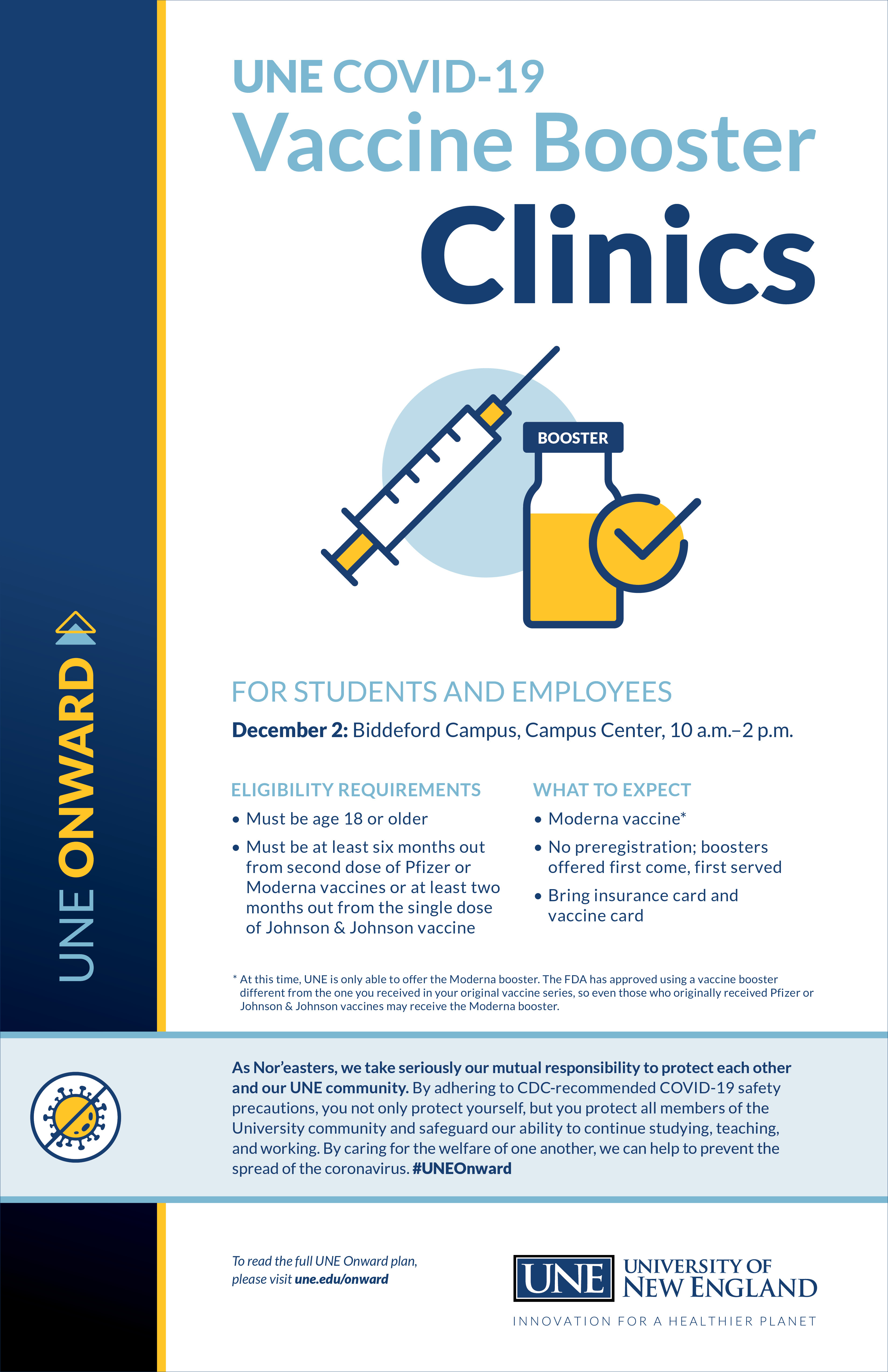 A poster for the U N E Covid-19 Booster shot clinic on the Biddeford campus on December 2, 2021 from 10 a.m. to 2 p.m.