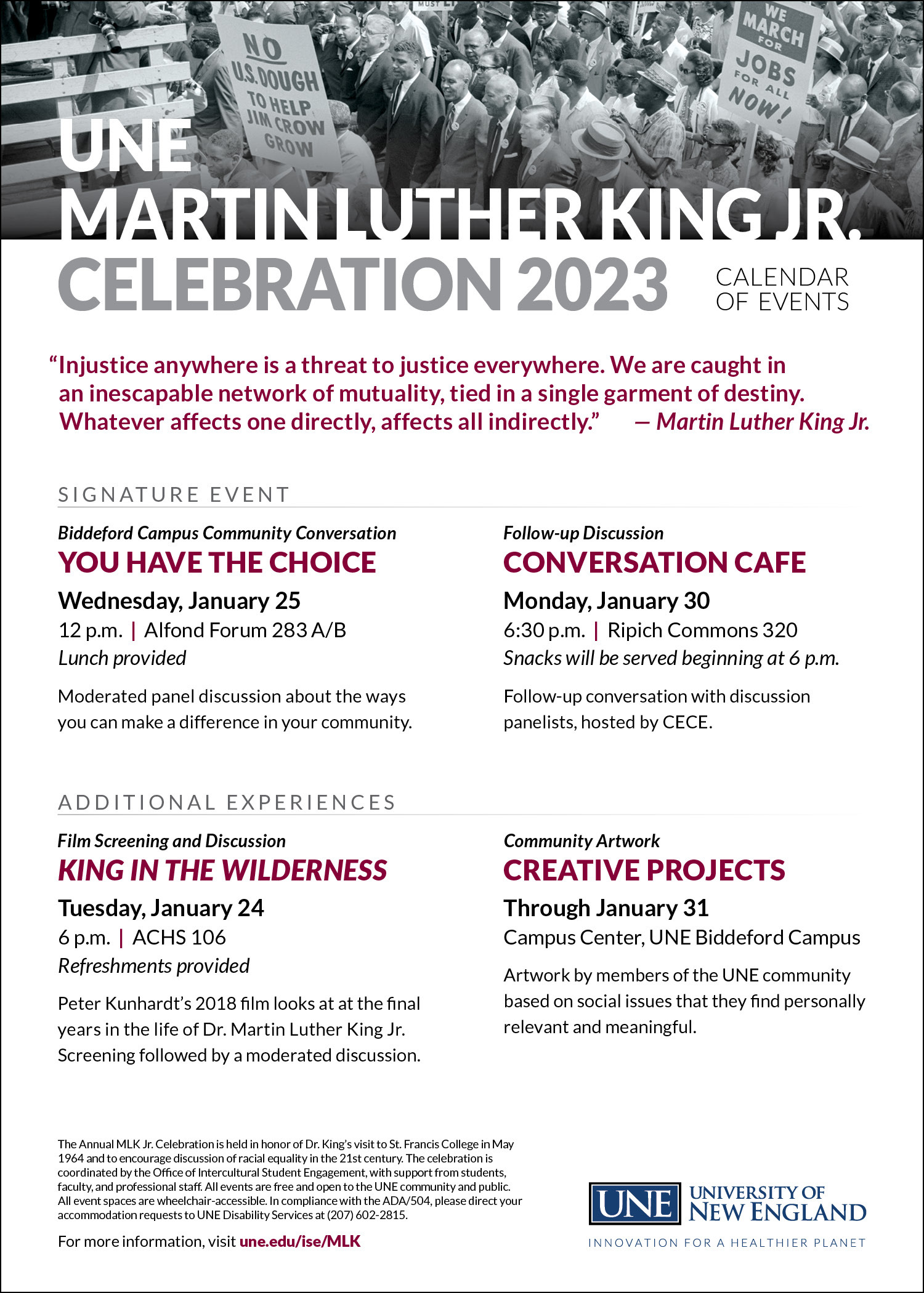 Poster detailing upcoming events for U N E's Martin Luther King celebration