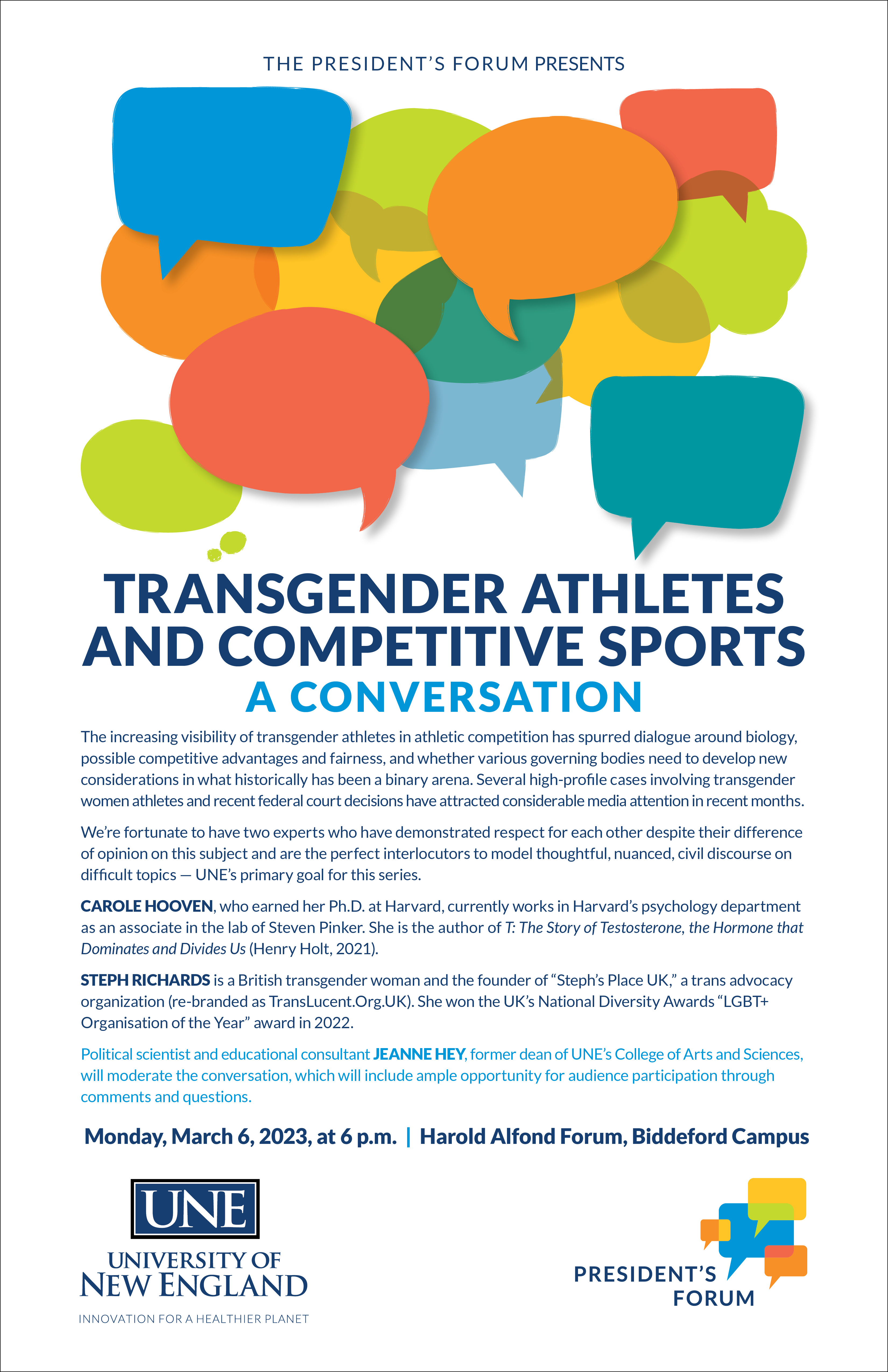 Poster for the 2023 President's Forum "Transgender Athletes and Competitive Sports."