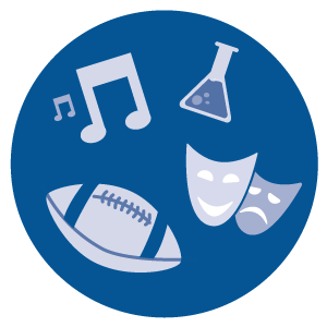 An illustration including a football, music notes, theater masks, and a chemistry beaker