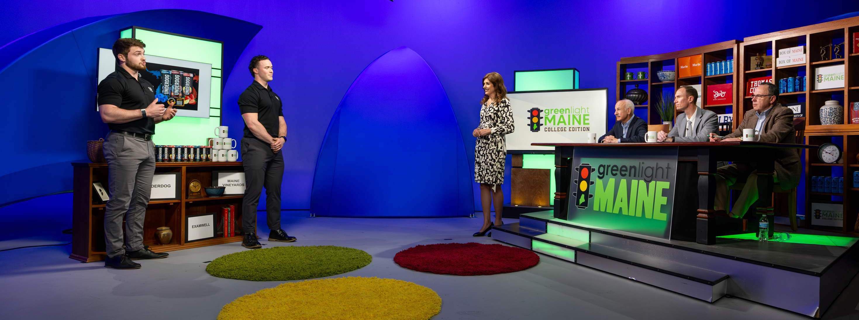 UNE alumni Joey Stanizzi and Dylan Schuett present their Underdog Performance product to a panel of judges in a TV studio