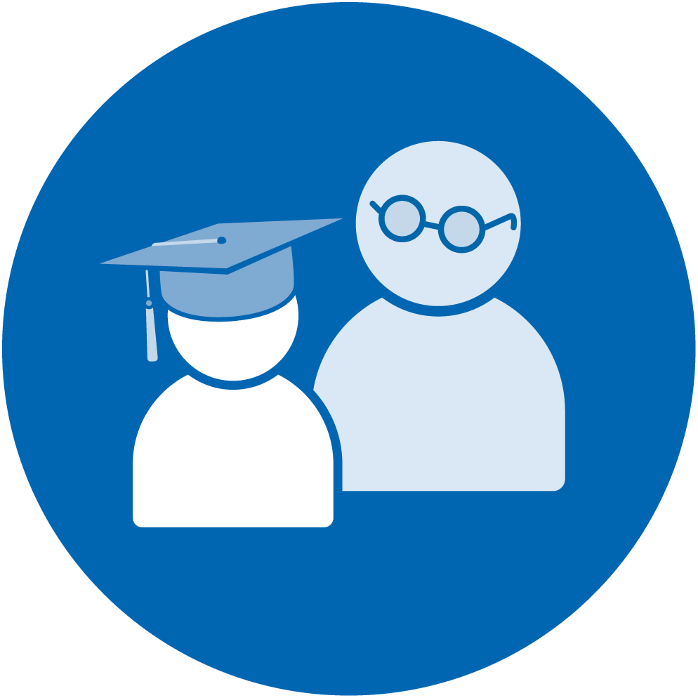 A circular blue icon showing two simplified human figures representing education or mentorship - one figure wearing a graduation cap (student) and another figure wearing glasses, symbolizing coaching and mentoring.