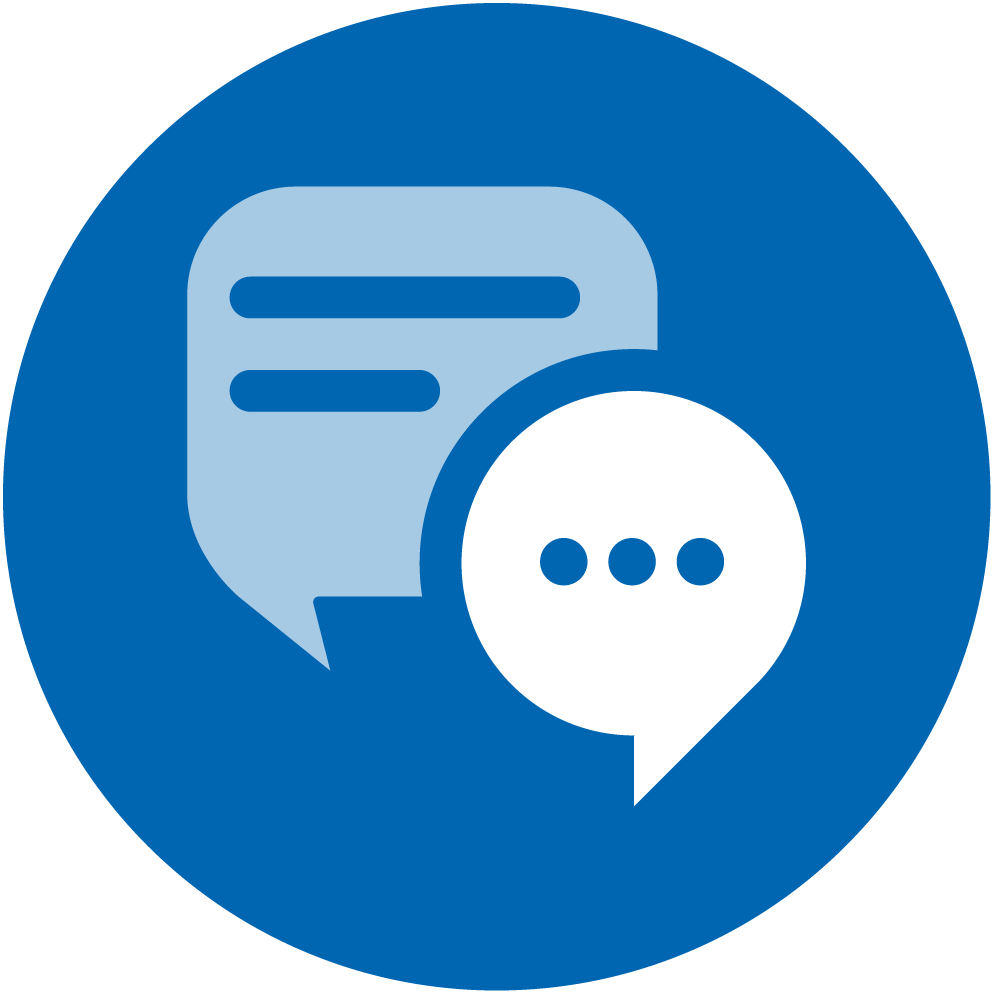 A circular blue icon featuring two overlapping speech bubbles - one larger gray speech bubble with horizontal lines representing text, and one smaller white speech bubble with three dots, symbolizing communication