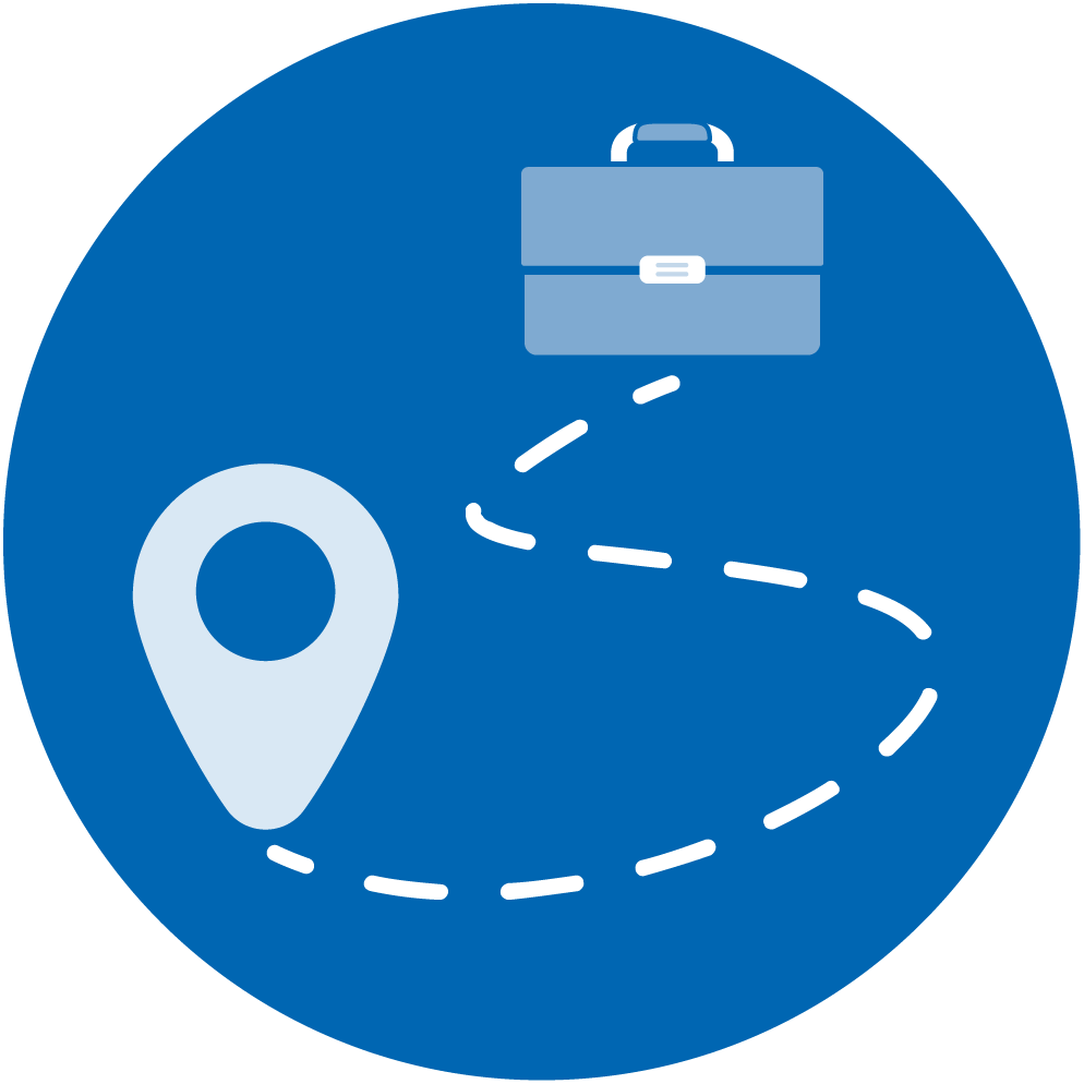 A circular blue icon depicting business travel or work mobility - features a briefcase at the top connected by a dotted curved path to a location pin marker at the bottom, symbolizing the path from internships to career