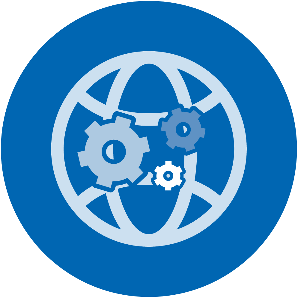 A circular blue icon featuring a globe with three interlocking gear wheels overlaid on it, symbolizing real-world experiences