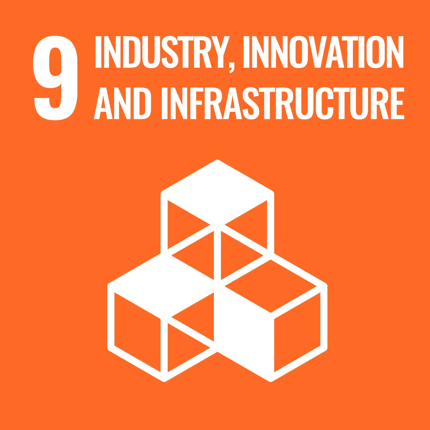 An illustration of intersecting, stacked cubes and the text, "Industry, Innovation and Infrastructure"