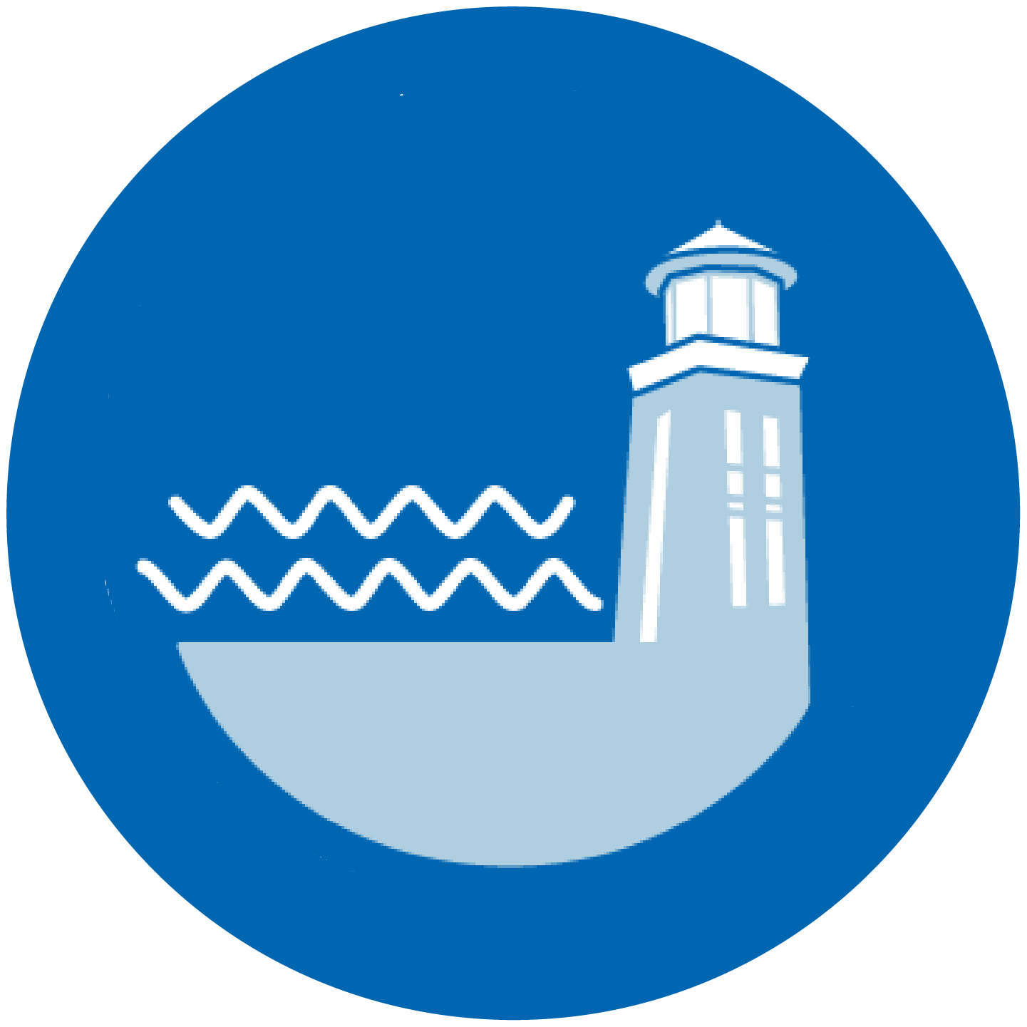 icon of a blue circle with a lighthouse and ocean waves inside it