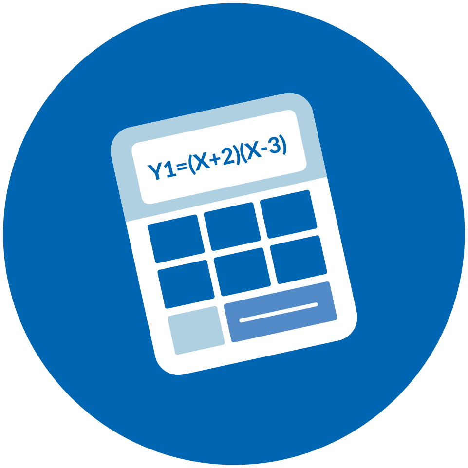 An illustration of a calculator that says, "Y1=(X+2)(X-3)" on its screen